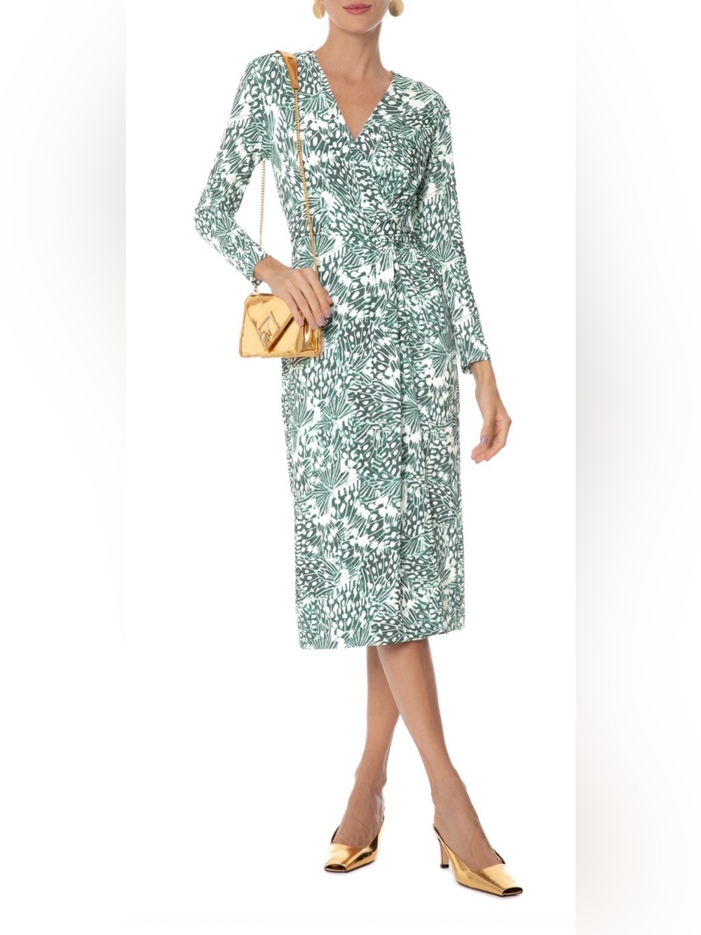 Silvye Green Dress by Le Lis Faux Wrap V-Neck Ling Sleeve Tropical Stretch